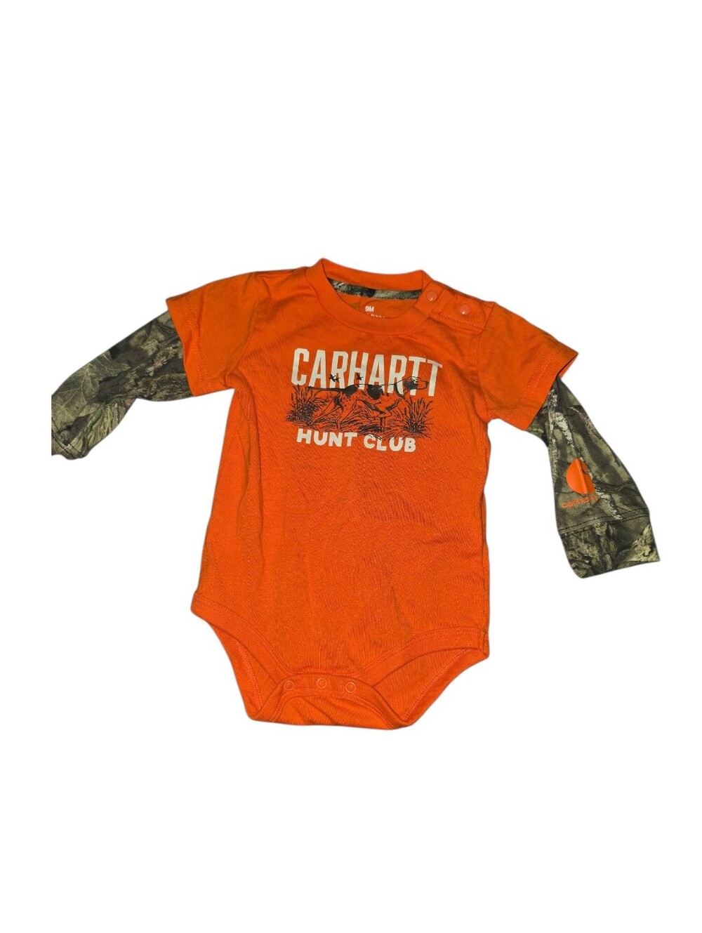 7/6/44. Carhartt Baby Boy Orange & Camo Hunt Club Infant Bodysuit